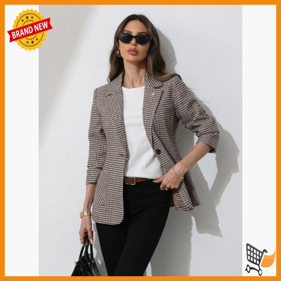 Women's Plaid Blazer Embroidered Collar Houndstooth Business Casual Jacket - Picture 3 of 7